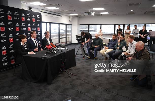 New Zealand's new rugby coach Scott Robertson , New Zealand Rugby CEO Mark Robinson and Chairwoman of New Zealand Rugby Patsy Reddy , speak to the...