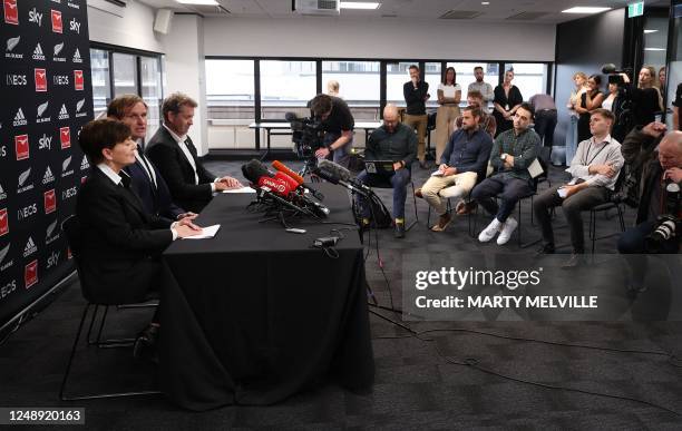 New Zealand's new rugby coach Scott Robertson , New Zealand Rugby CEO Mark Robinson and Chairwoman of New Zealand Rugby Patsy Reddy , speak to the...