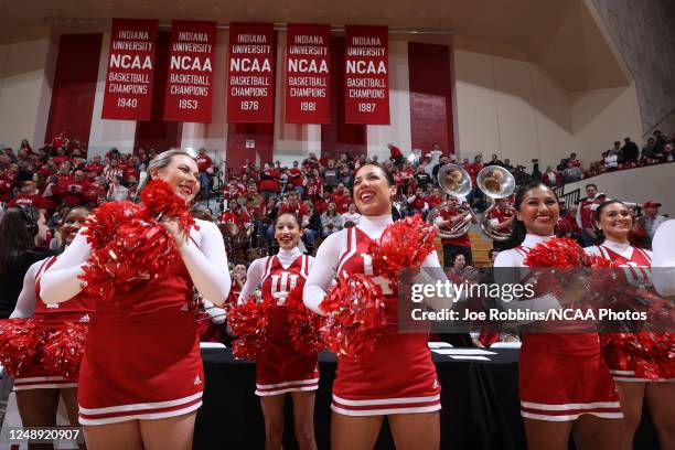 Indiana Hoosiers cheerleaders perform a cheer in a game against the Miami Hurricanes during the second round of the 2023 NCAA Women's Basketball...