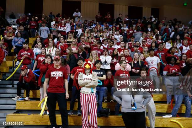 Shocked Indiana Hoosiers student section looks onto the court after the Miami Hurricanes won on a last second shot during the Indiana Hoosiers versus...