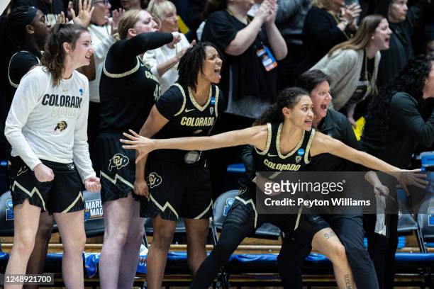 The Colorado Buffaloes bench celebrates a point during the game against the Duke Blue Devils in the second round of the 2023 NCAA Women's Basketball...