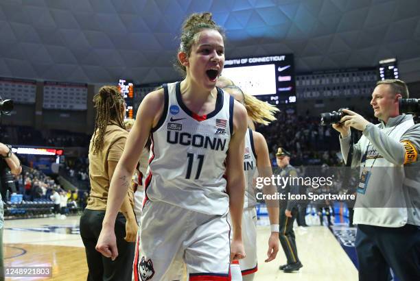 UConn Huskies forward Lou Lopez Senechal reacts after leaving the floor at the conclusion of the Baylor Bears versus the UConn Huskies game in the...