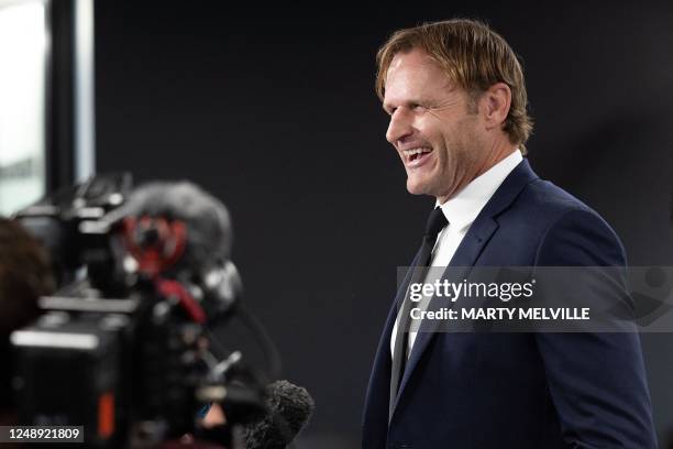 New Zealand's new rugby coach Scott Robertson speaks to the media during a press conference at the New Zealand Rugby Union office in Wellington on...