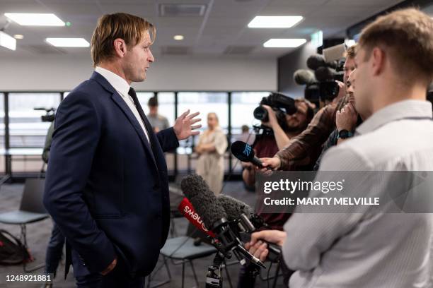 New Zealand's new rugby coach Scott Robertson speaks to the media during a press conference at the New Zealand Rugby Union office in Wellington on...