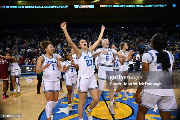 Gabriela Jaquez of the UCLA Bruins celebrates with teammates after the game between the Oklahoma Sooners and the UCLA Bruins during the second round...