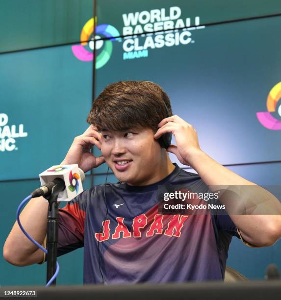 Munetaka Murakami attends a press conference after helping Japan to a 6-5 victory over Mexico by hitting a walk-off two-run double in the ninth...