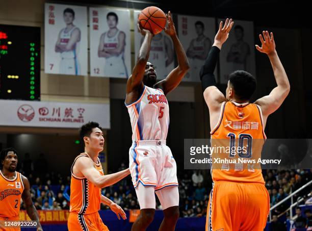 Jordan Crawford C of Sichuan Blue Whales shoots during the 37th round match between Sichuan Blue Whales and Shanghai Sharks at the 2022-2023 season...