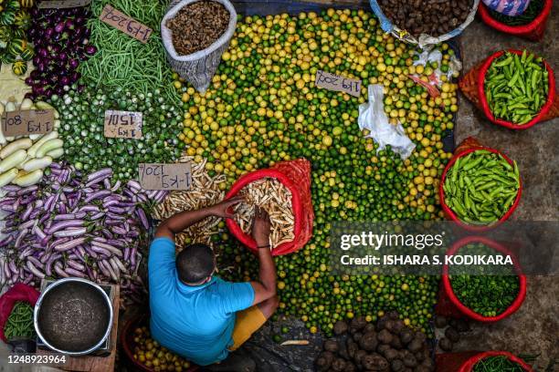 Vendor arranges vegetables as he waits for customers at a market in Colombo on March 21, 2023. - Sri Lanka must not allow entrenched corruption to...