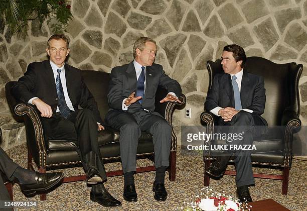 President George W. Bush , meets 16 March with British Prime Minister Tony Blair , Spanish Prime Minister Jose Maria Aznar, and Portuguese Prime...