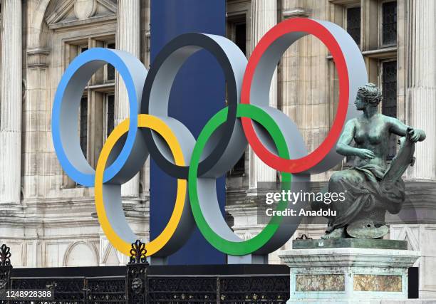 Olympic Rings display in front of the Municipality of Paris, France on March 21, 2023.