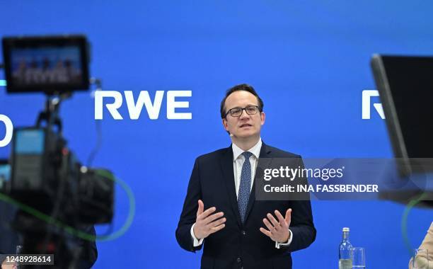 Markus Krebber, CEO of German energy giant RWE, presents his company's annual results during a press conference at RWE's headquarters in Essen,...