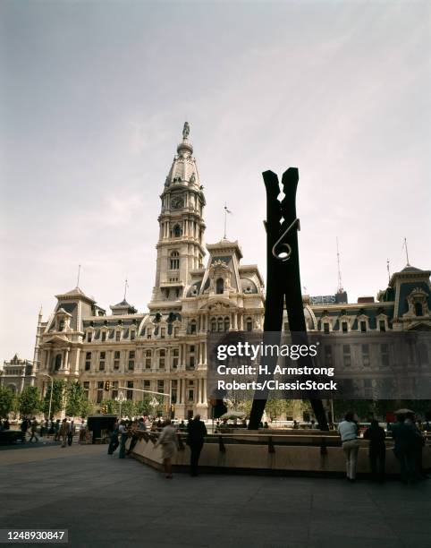 1970s Looking East At City Hall Past The Clothespin Sculpture By Claus Oldenburg In Centre Square Downtown Philadelphia Pa USA