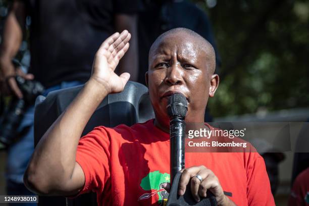 Julius Malema, leader of the Economic Freedom Fighters , addresses the crowd during a national shutdown protest, organized by the Economic Freedom...