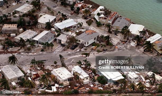 Damaged trailers lie in a trailer park 26 September after Hurricane Georges ripped through Big Pine Key, FL. The eye of Georges has passed over Key...