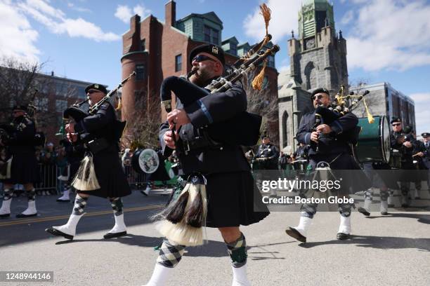 Boston, MA Members of the Boston Police Gaelic Column march in the 2023 St. Patrick's Day Parade.