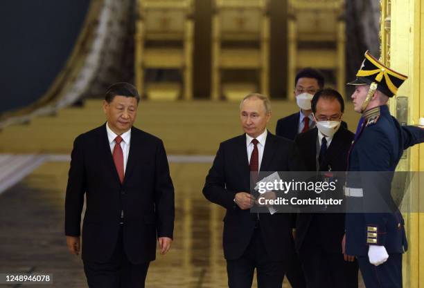 Chinese President Xi Jinping arrives at the Grand Kremlin Palace for talks with Russian President Putin on March 21 in Moscow, Russia. Three days...