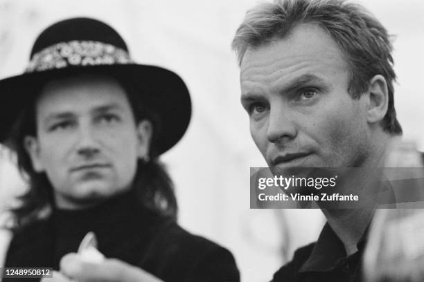 Singers Bono and Sting during a press conference for the Conspiracy of Hope benefit concerts in aid of Amnesty International, USA, June 1986.