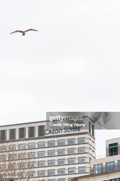 External view of Credit Suisse offices in Canary Wharf on March 21, 2023 in London, England. UBS, Switzerland's largest bank, bought its troubled...