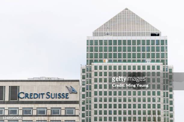 External view of Credit Suisse offices in Canary Wharf on March 21, 2023 in London, England. UBS, Switzerland's largest bank, bought its troubled...