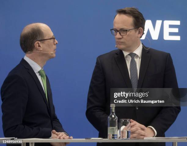 Markus Krebber, CEO of Germany energy giant RWE and Michael Mueller, CFO of RWE, during the annual results press conference at RWE's headquarters on...