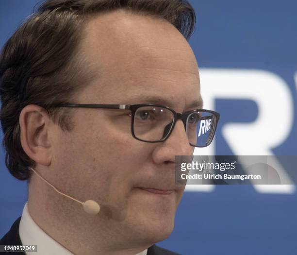 Markus Krebber, CEO of Germany energy giant RWE, presents his company's annual results during a press conference at RWE's headquarters on March 21,...
