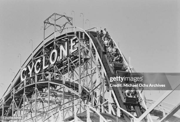 The Coney Island Cyclone, a wooden roller coaster at Luna Park in Coney Island, New York City, circa 1952.