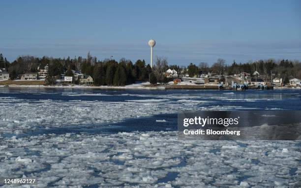 Ice on St. Mary's River in Sault Sainte Marie, Michigan, US, on Wednesday, March 15, 2023. The U.S. National Ice Center has determined the Great...