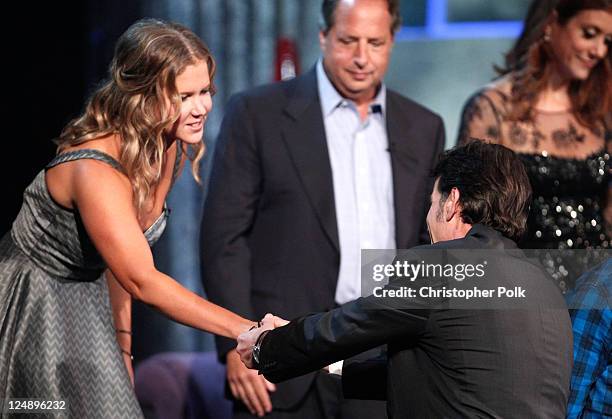 Comedians Amy Schumer, Jon Lovitz, roastee Charlie Sheen and actress Kate Walsh onstage at Comedy Central's Roast of Charlie Sheen held at Sony...