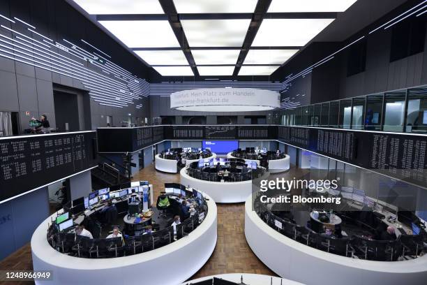 The trading floor at the Frankfurt Stock Exchange, operated by Deutsche Boerse AG, in Frankfurt, Germany, on Tuesday, March 21, 2023. German shares...
