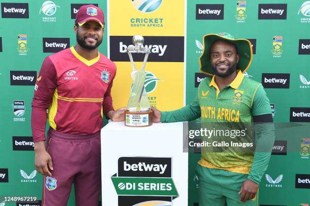 Shai Hope of the West Indies and Temba Bavuma of the Proteas share the trophy during the 3rd Betway ODI match between South Africa and West Indies at...