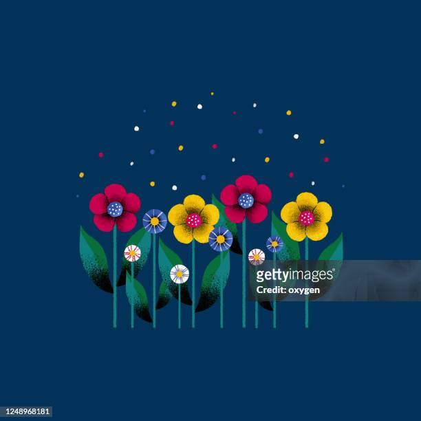 row of spring colorful bouquet flowers. flat design on dark blue background. digital illustration - dark blue flowers stock pictures, royalty-free photos & images