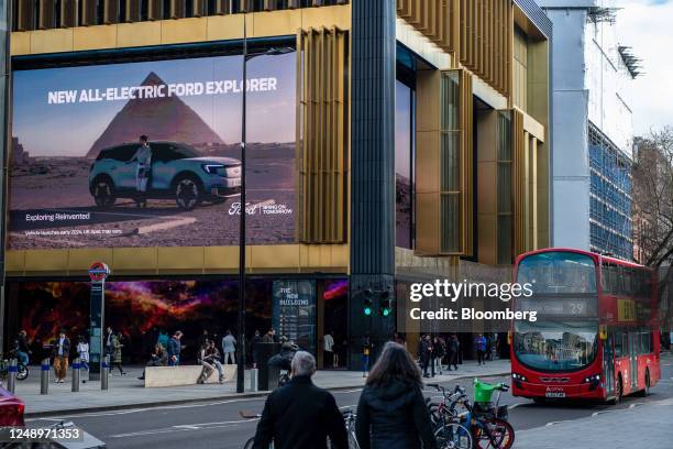 An advertisement on a digital billboard for the Ford Motor Co. Explorer electric sport utility vehicle at the venue of its launch in London, UK, on...