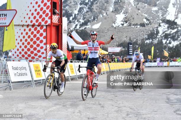 Team Trek-Segafredo's Italian rider Giulio Ciccone crosses the finish line first ahead of second placed Team Jumbo's Slovenian rider Primoz Roglic...