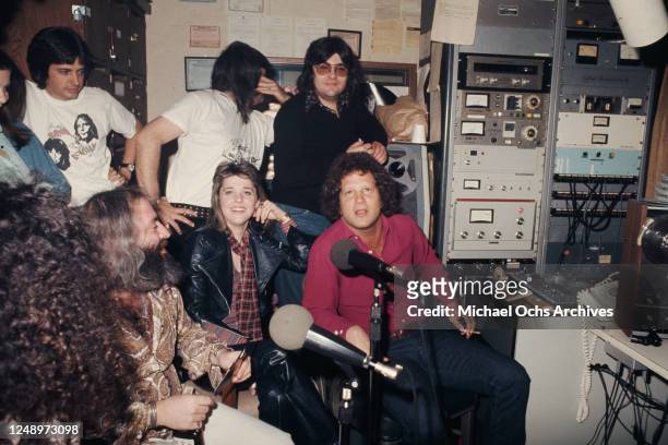 American rock singer Suzi Quatro and actor Albert Brooks appear on the 'Flo and Eddie' radio show with presenters Mark Volman and Howard Kaylan ,...