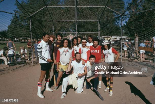 Celebrity baseball team, featuring musicians Keith Allison, Mark Volman and Alice Cooper, and actors Albert Brooks and Bruno Kirby, 1974.