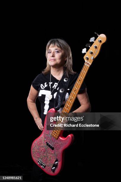 Suzi Quatro, American rock singer, bass guitarist, and actress, United Kingdom, 2016. She is pictured with a Fender Precision '54 Re-issue pink...