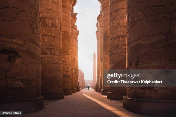 ancient corridor and columns of karnak temple complex in luxor city egpyt during sunrise - faraón fotografías e imágenes de stock