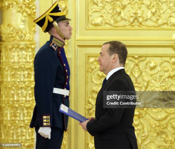 Russian Security Council Deputy Chairman Dmitry Medvedev seen during Russian-Chinese talks at the Grand Kremlin Palace, on March 21, 2023 in Moscow,...