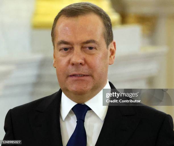 Russian Security Council Deputy Chairman Dmitry Medvedev seen during Russian-Chinese talks at the Grand Kremlin Palace, on March 21, 2023 in Moscow,...