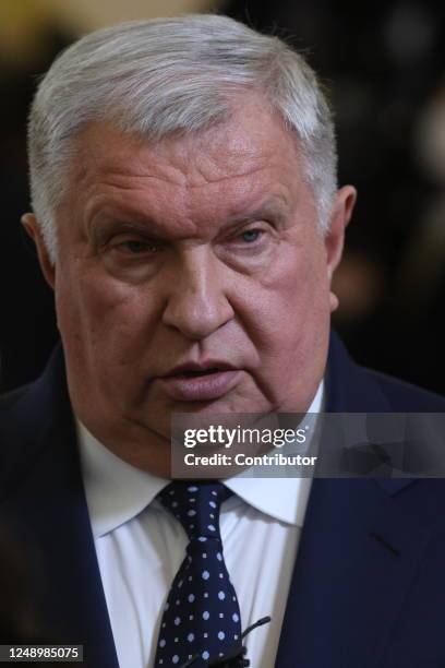 Russian businessman, Rosneft President Igor Sechin talks during Russian-Chinese talks at the Grand Kremlin Palace, on March 21, 2023 in Moscow,...