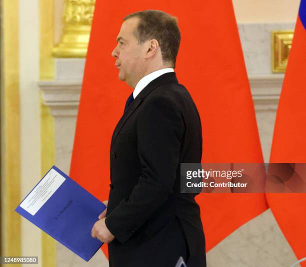 Russian Security Council Deputy Chairman Dmitry Medvedev seen during Russian-Chinese talks at the Grand Kremlin Palace, on March 21, 2023 in Moscow,...