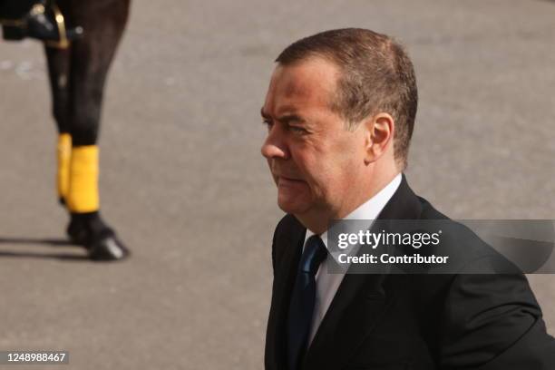 Russian Security Council Deputy Chairman Dmitry Medvedev arrives to the Russian-Chinese talks at the Grand Kremlin Palace, on March 21, 2023 in...