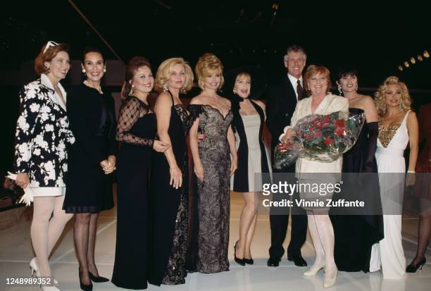 American actress Loni Anderson with American actress Stella Stevens , American fashion designer Nolan Miller and American actress and entrepreneur...