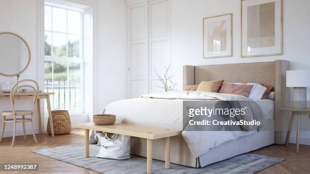 scandinavian bedroom interior - stock photo - bedding stock pictures, royalty-free photos & images
