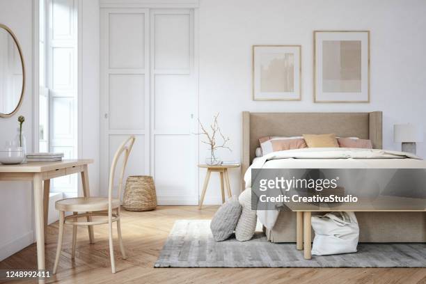 scandinavisch slaapkamerinterieur - stockfoto - bedroom stockfoto's en -beelden