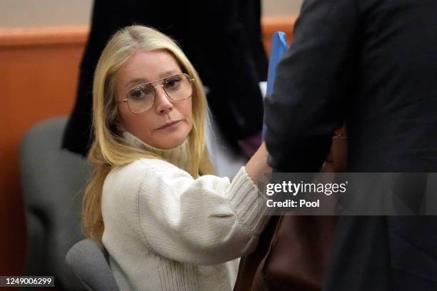 Actress Gwyneth Paltrow looks on before leaving the courtroom, where she is accused in a lawsuit of crashing into a skier during a 2016 family ski...