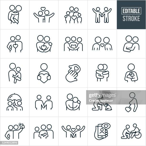 illustrazioni stock, clip art, cartoni animati e icone di tendenza di icone di linea sottile amore e relazioni - tratto modificabile - coppia anziani