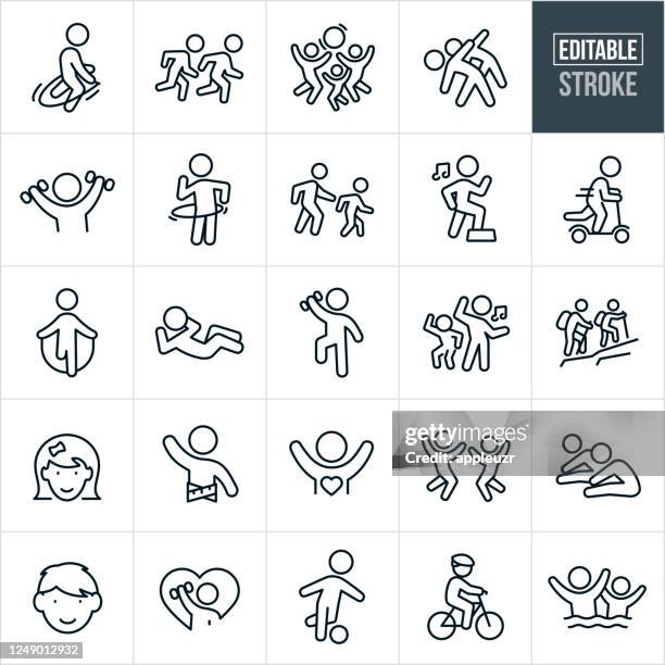 stockillustraties, clipart, cartoons en iconen met fitness-pictogrammen voor fitness bij kinderen - bewerkbare lijn - sport icons