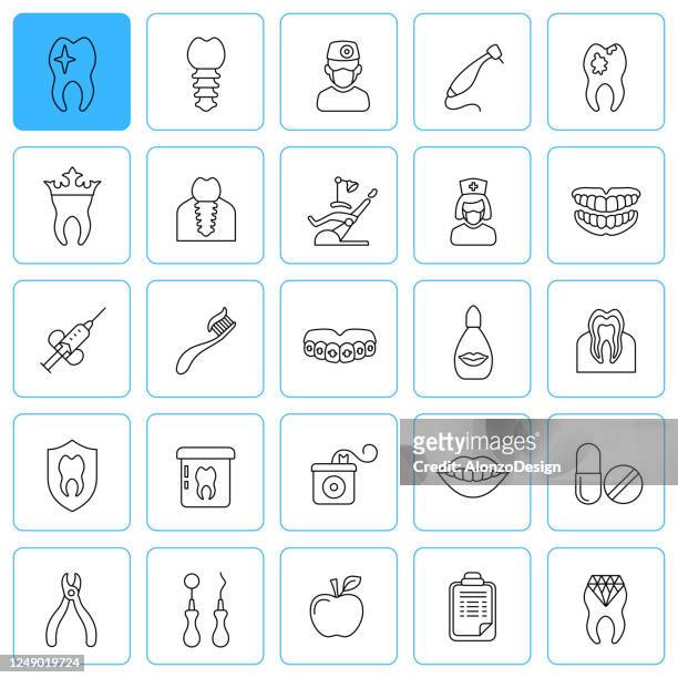 stockillustraties, clipart, cartoons en iconen met tandheelkunde en dental care line iconen. bewerkbare lijn. - electric toothbrush