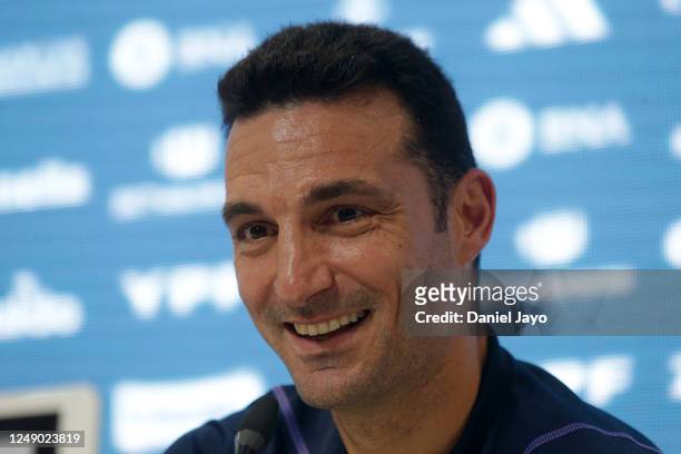 Argentina's coach Lionel Scaloni smiles during a press conference at Julio H. Grondona Training Camp on March 21, 2023 in Ezeiza, Argentina.